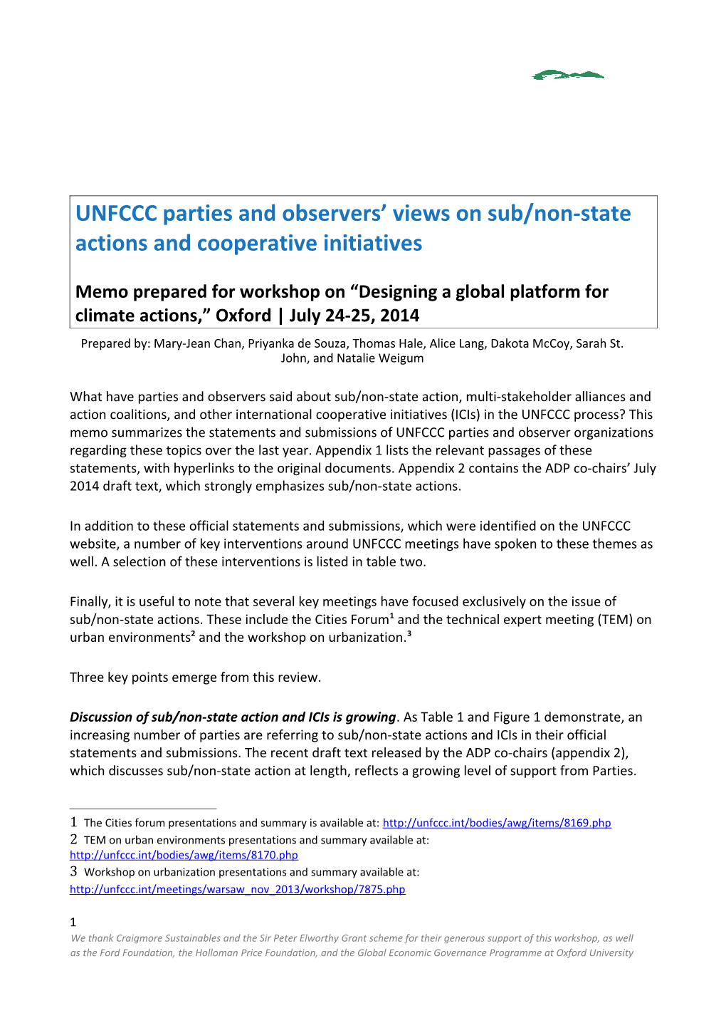 UNFCCC Parties and Observers Views on Sub/Non-State Actions and Cooperative Initiatives