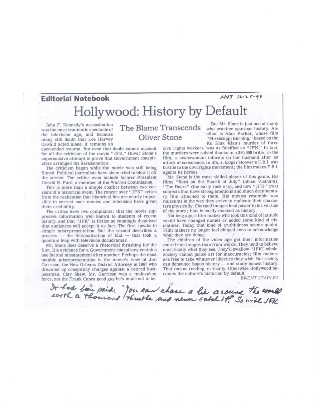 Hollywood: History by Default John F