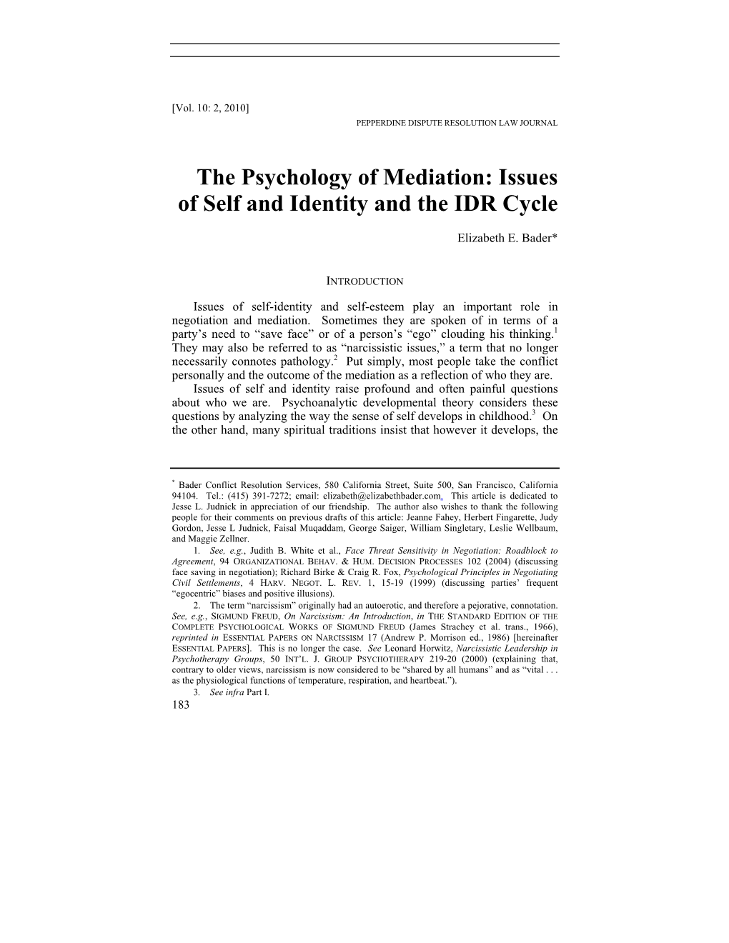 The Psychology of Mediation: Issues of Self and Identity and the IDR Cycle