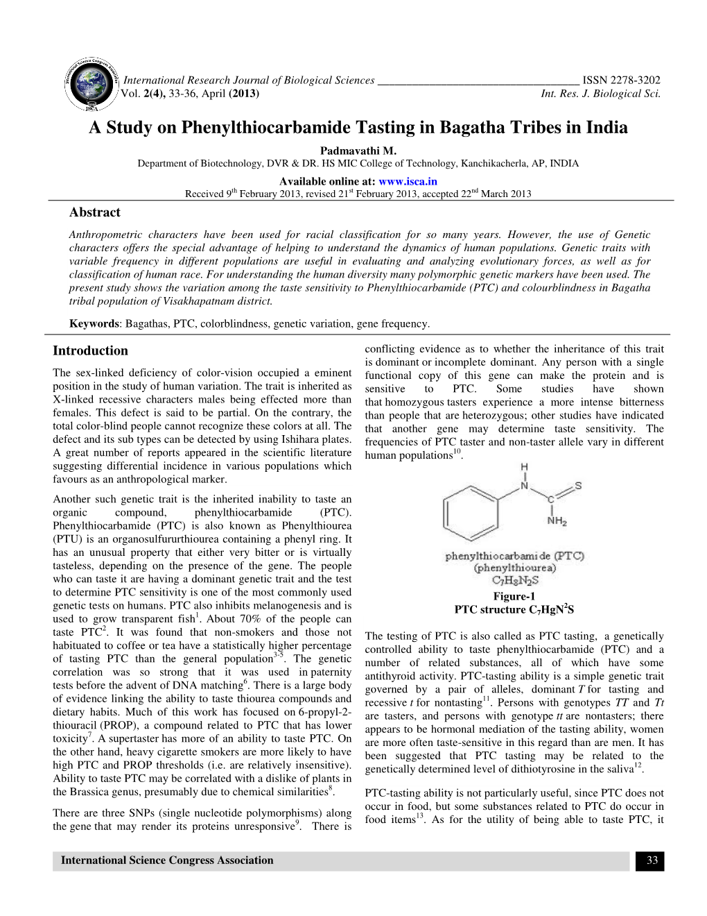 A Study on Phenylthiocarbamide Tasting in Bagatha Tribes in India