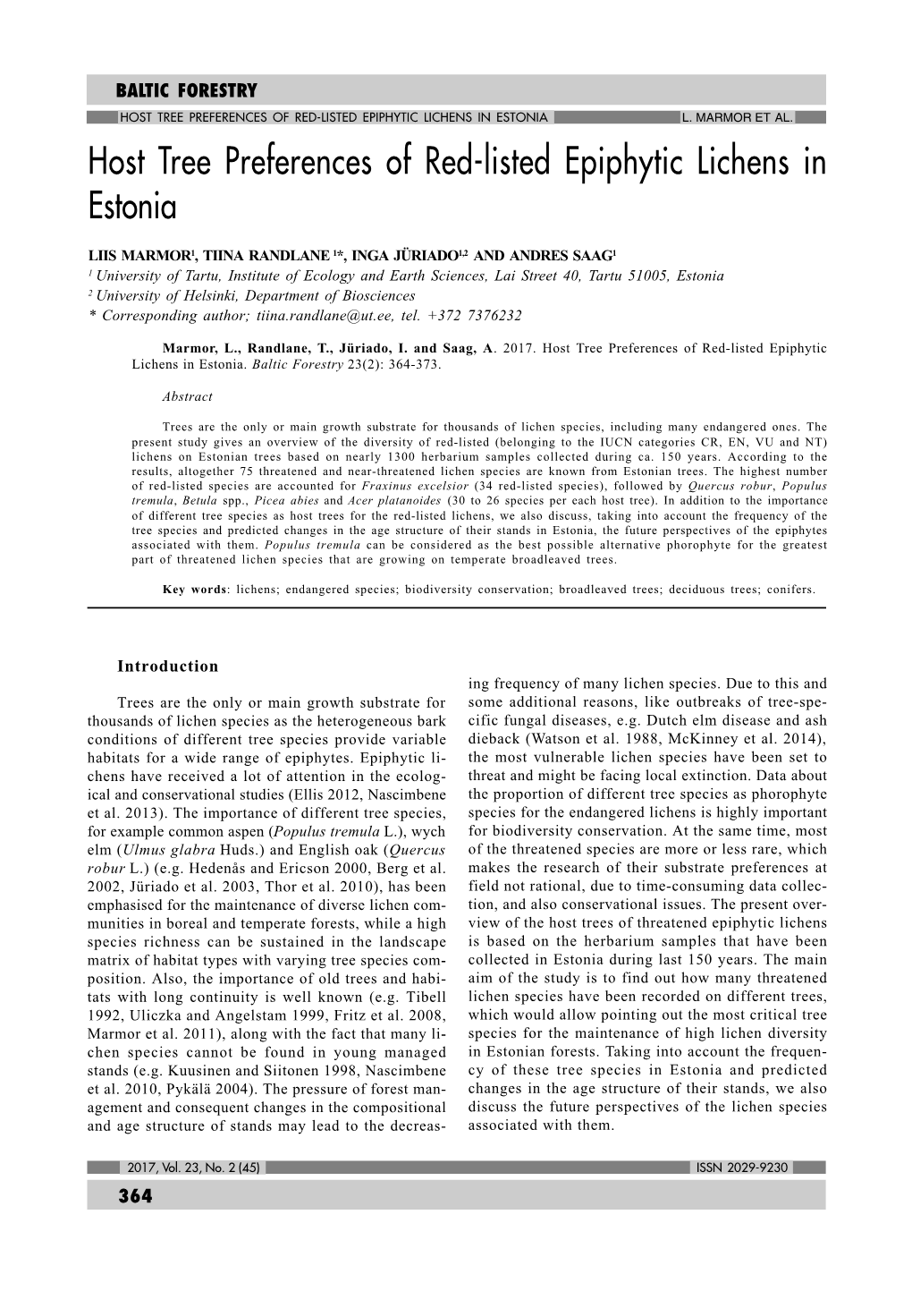 Host Tree Preferences of Red-Listed Epiphytic Lichens in Estonia L