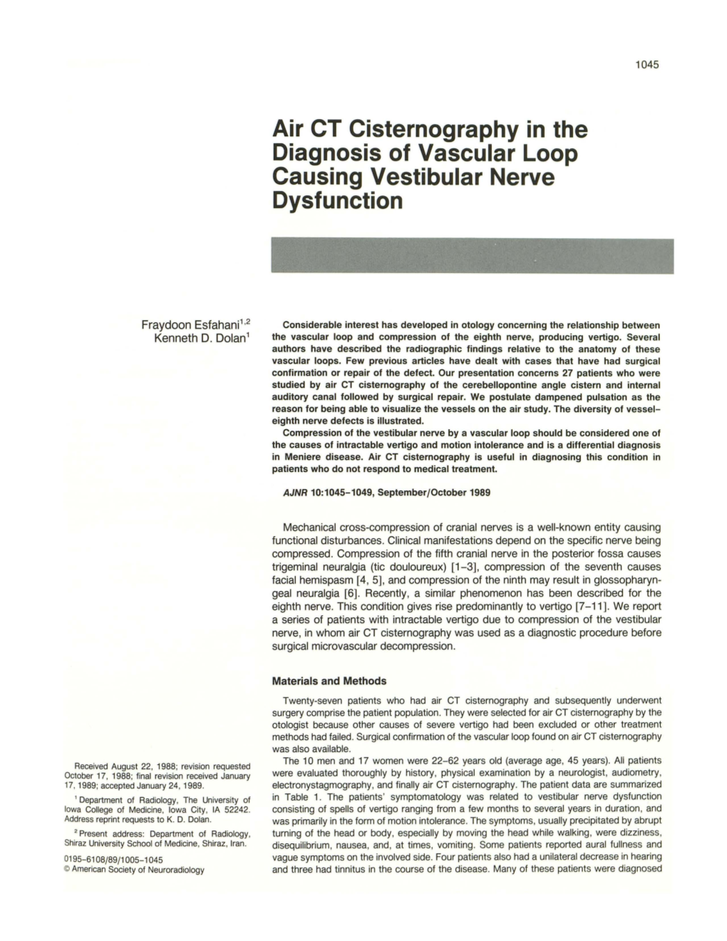 Air CT Cisternography in the Diagnosis of Vascular Loop Causing Vestibular Nerve Dysfunction