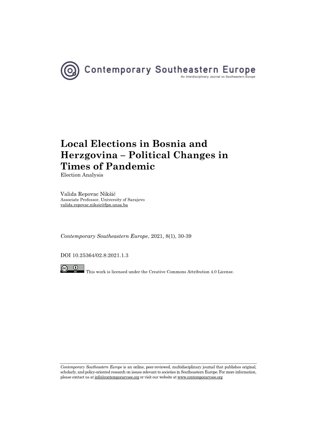 Local Elections in Bosnia and Herzgovina – Political Changes in Times of Pandemic Election Analysis