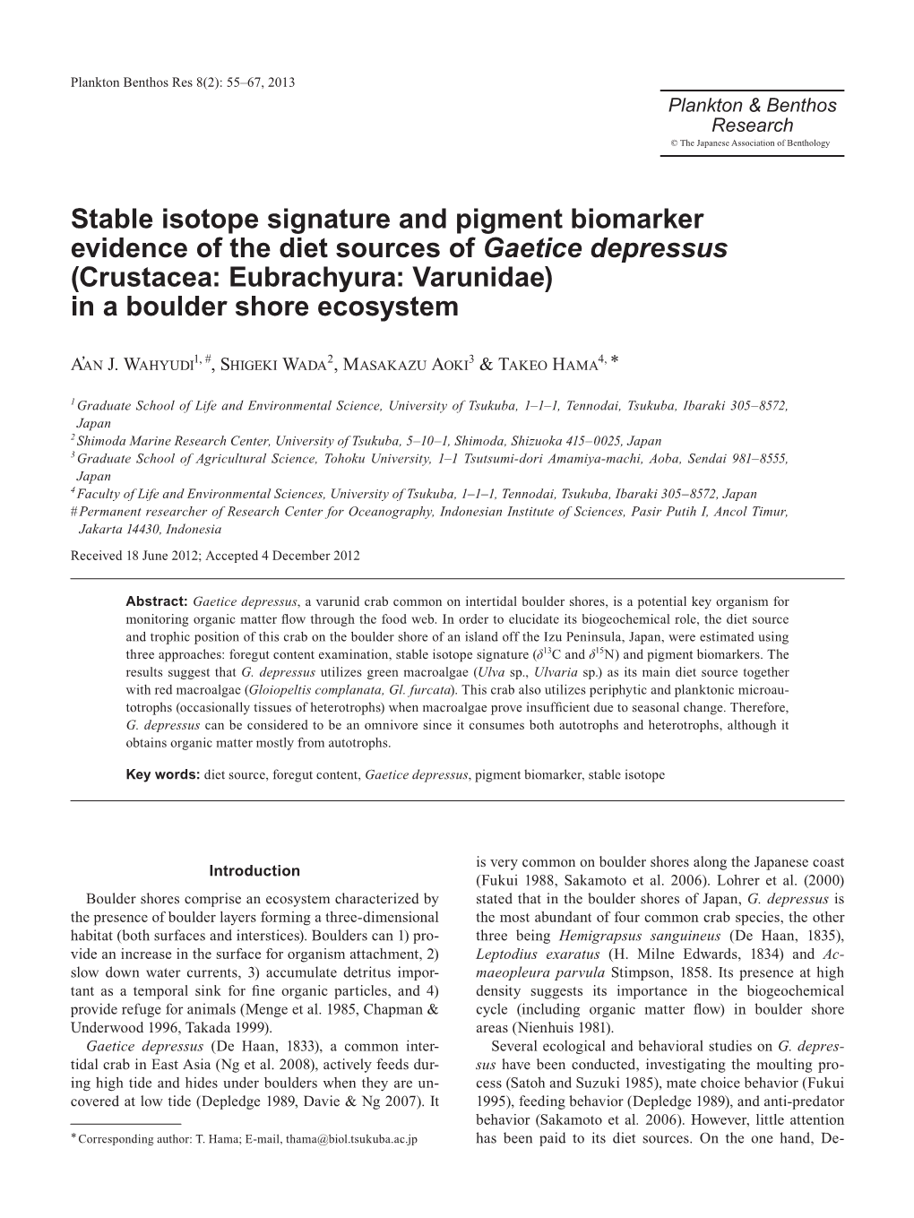 Stable Isotope Signature and Pigment Biomarker Evidence of the Diet Sources of Gaetice Depressus (Crustacea: Eubrachyura: Varunidae) in a Boulder Shore Ecosystem