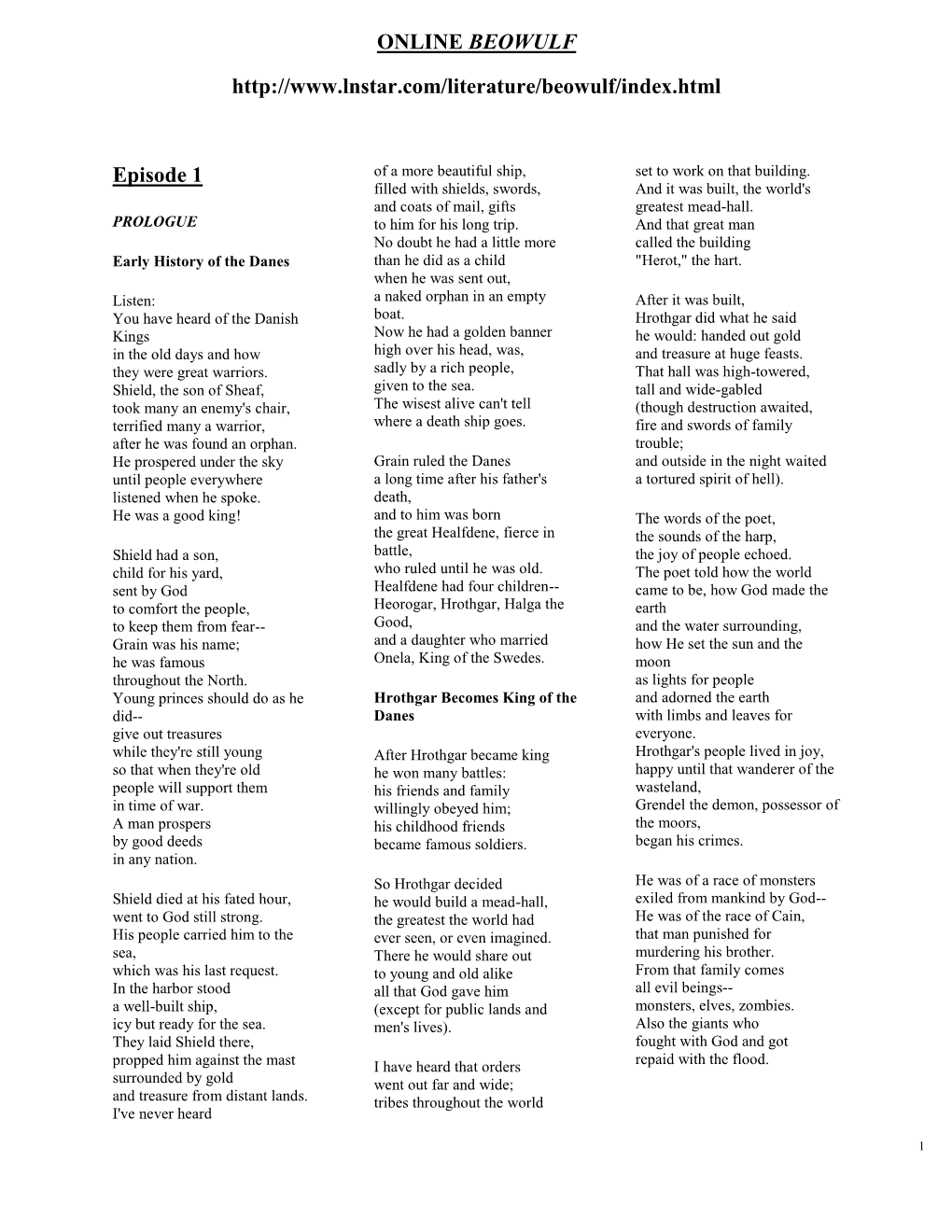 Revised ONLINE BEOWULF PRINT VERSION 3 Columns 25 Pages.Pdf