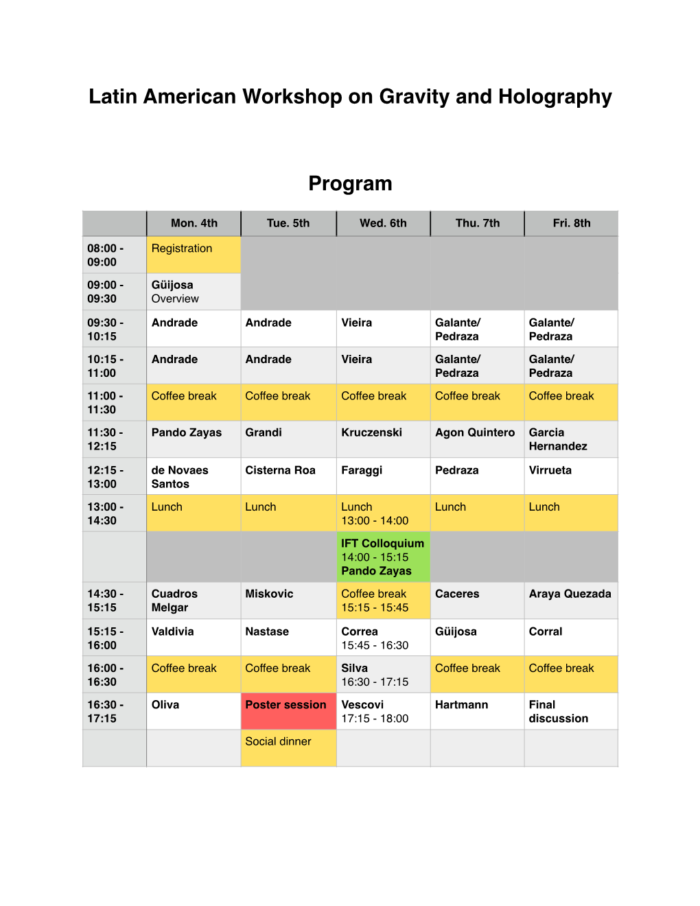 Latin American Workshop on Gravity and Holography Program