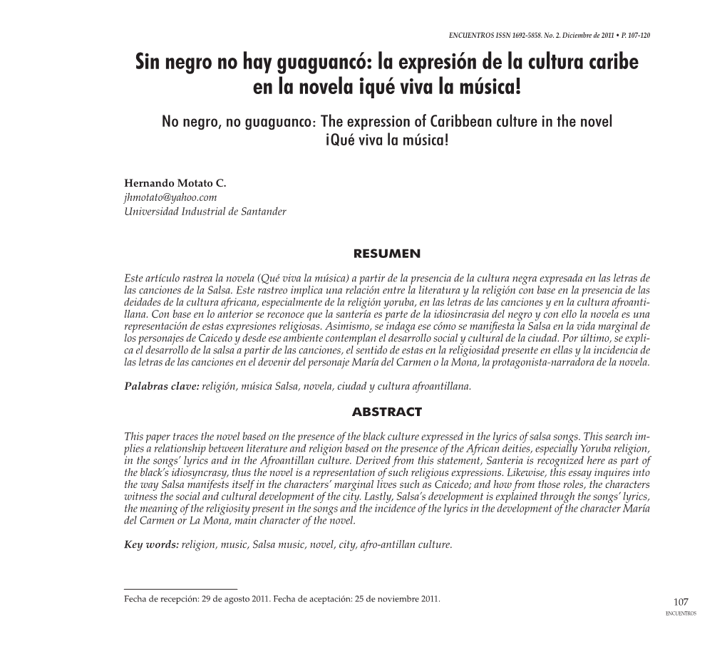 La Expresión De La Cultura Caribe En La Novela ¡Qué Viva La Música! No Negro, No Guaguanco: the Expression of Caribbean Culture in the Novel ¡Qué Viva La Música!