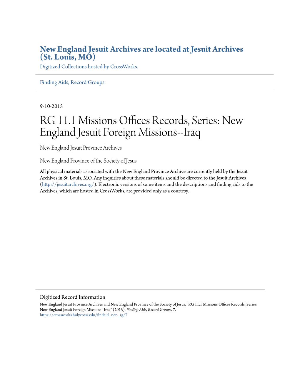 Iraq New England Jesuit Province Archives