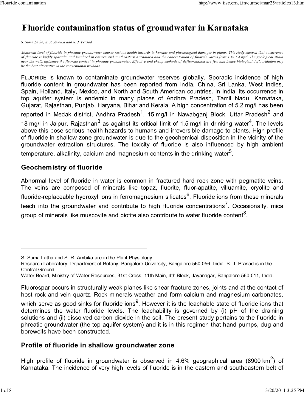 Flouride Contamination Status of Groundwater in Karnataka