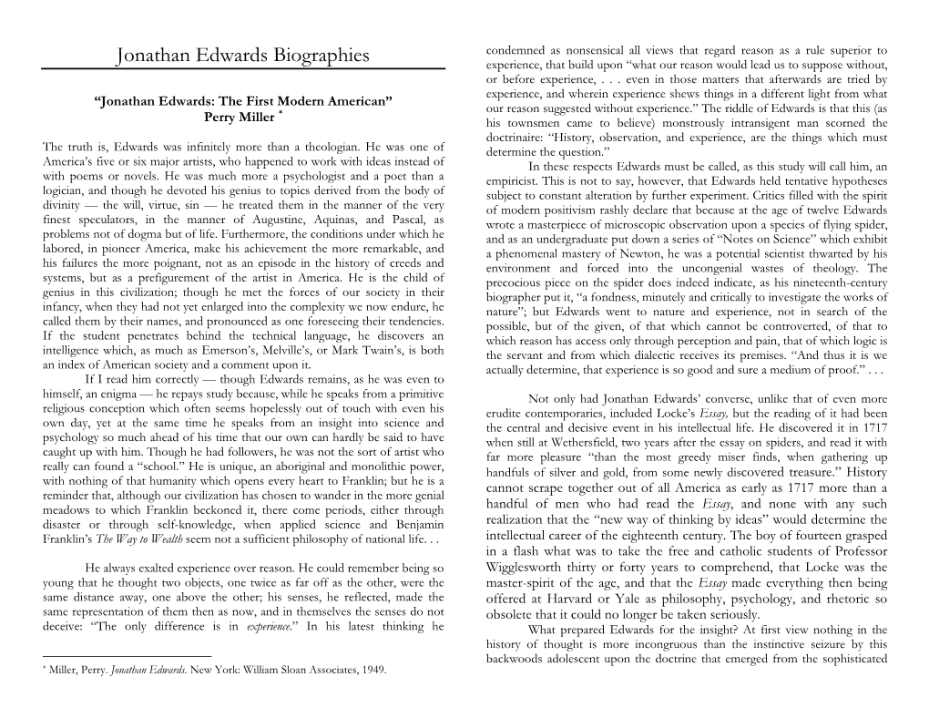 Jonathan Edwards Biographies Experience, That Build Upon “What Our Reason Would Lead Us to Suppose Without, Or Before Experience