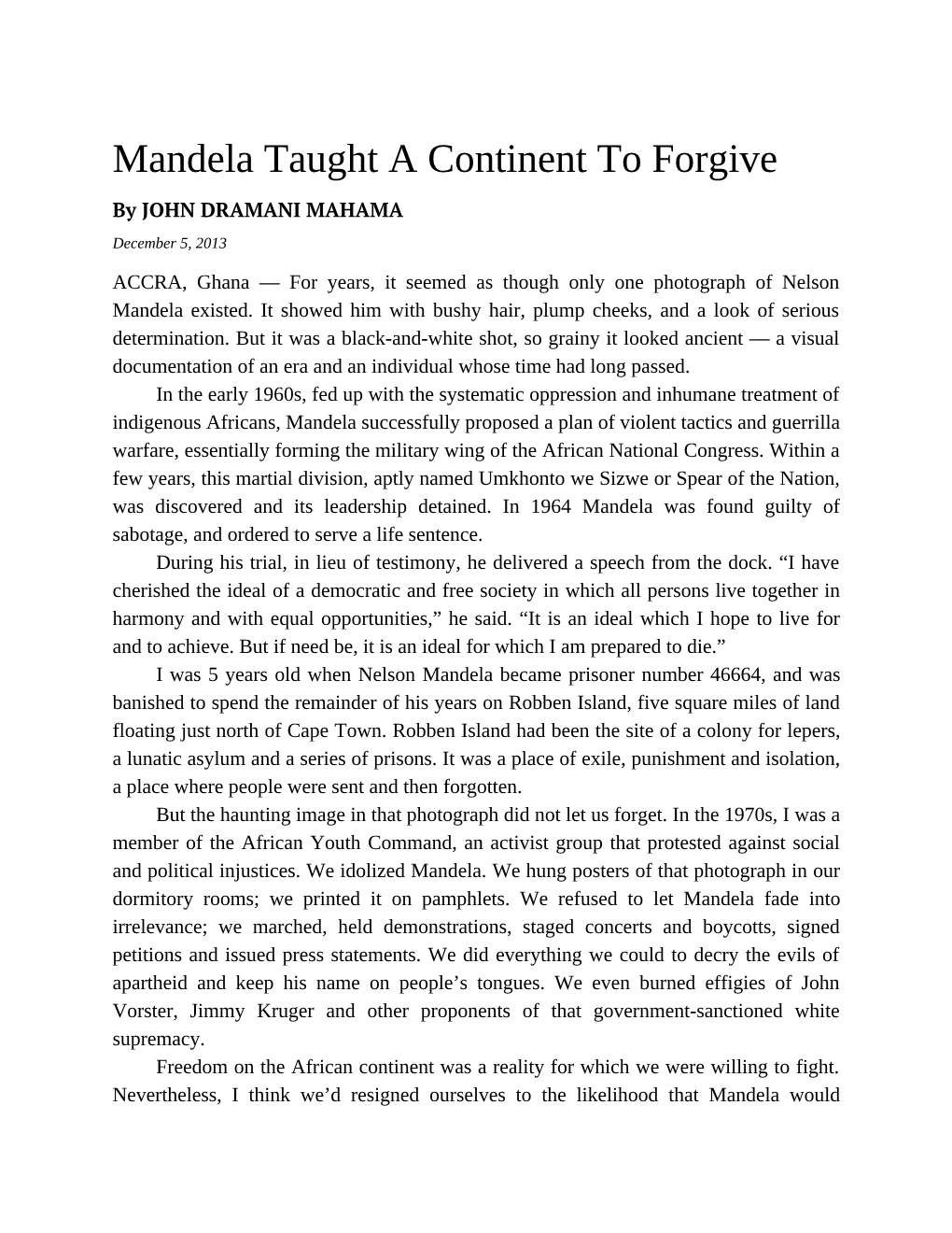 Mandela Taught a Continent to Forgive