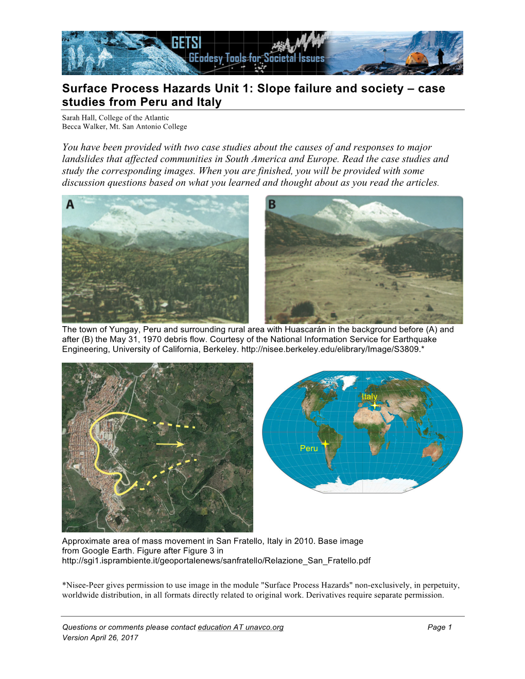 Slope Failure and Society – Case Studies from Peru and Italy Sarah Hall, College of the Atlantic Becca Walker, Mt