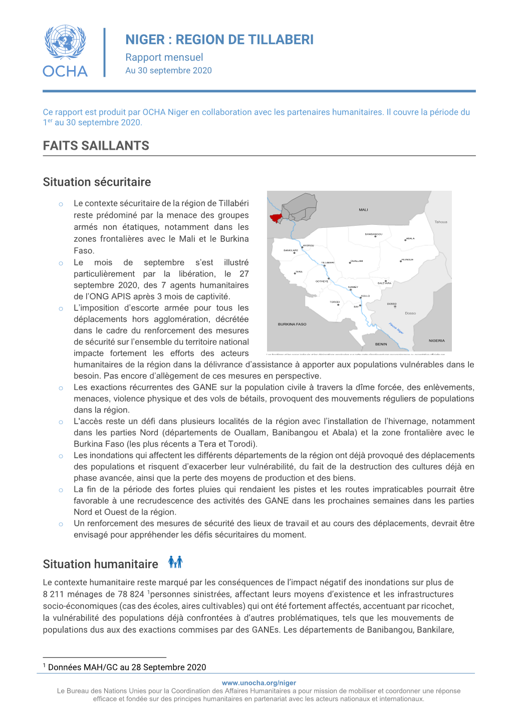 REGION DE TILLABERI Rapport Mensuel Au 30 Septembre 2020