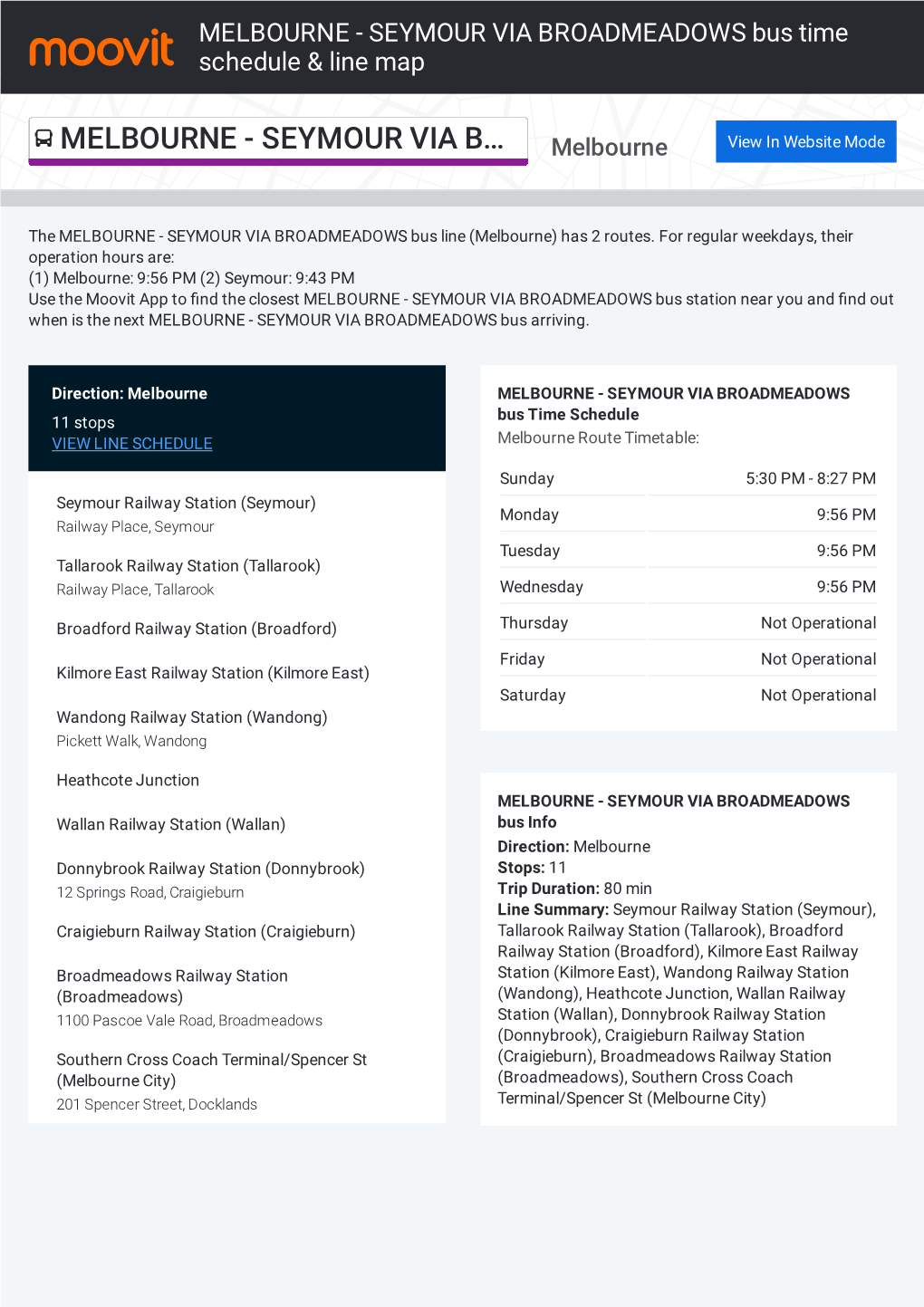 MELBOURNE - SEYMOUR VIA BROADMEADOWS Bus Time Schedule & Line Map