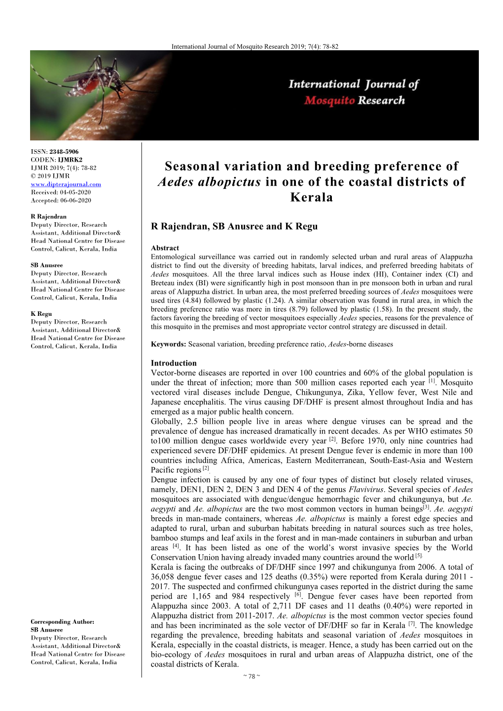 Seasonal Variation and Breeding Preference of Aedes Albopictus in One of the Coastal Districts of Kerala