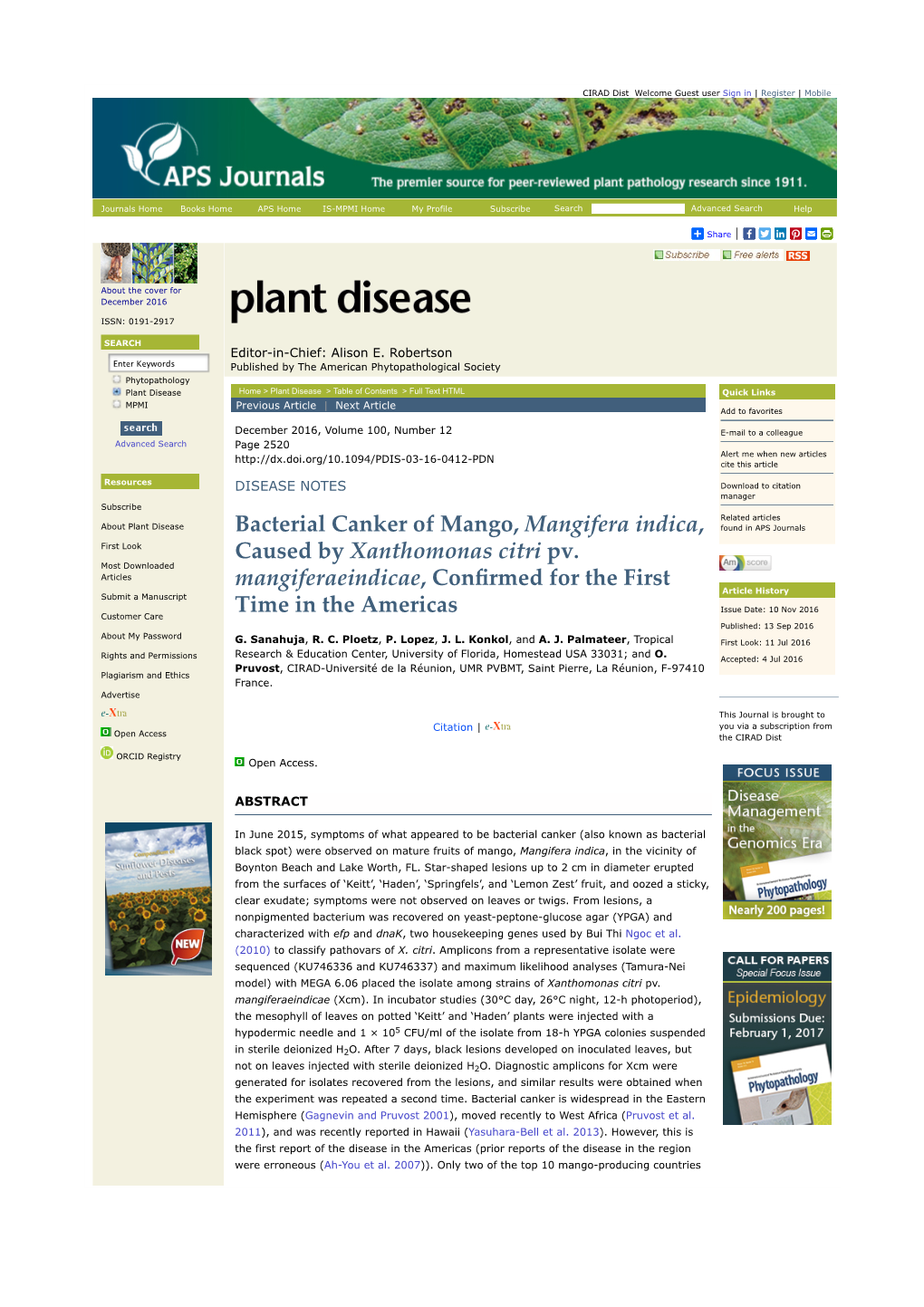 Bacterial Canker of Mango, Mangifera Indica, Caused by Xanthomonas