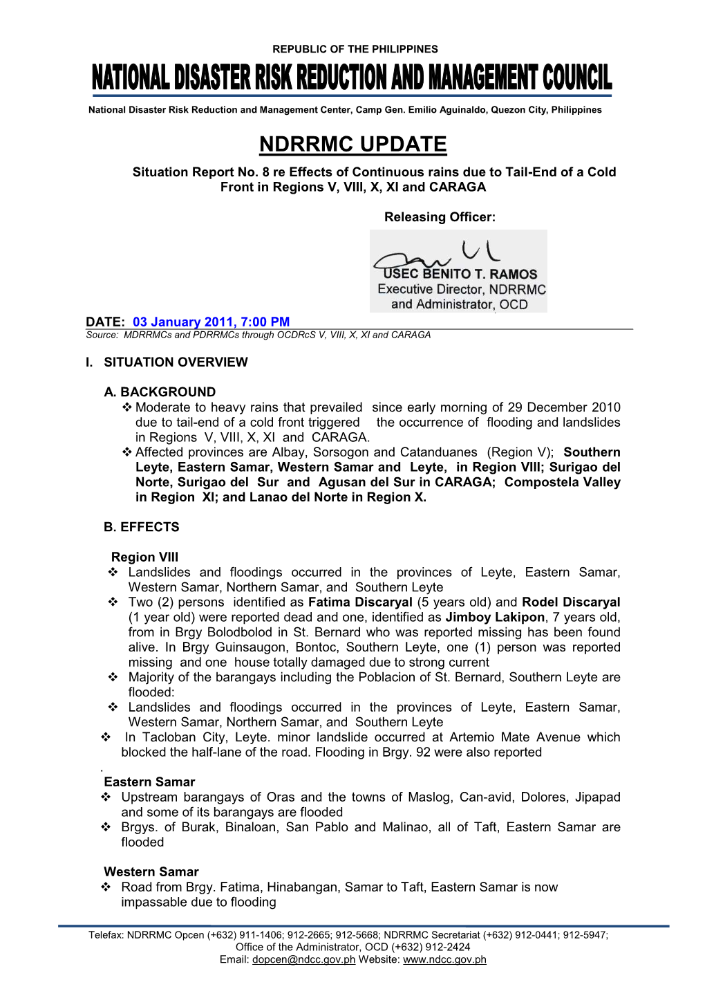 NDRRMC Update Sitrep No. 8 Landlslide and Flooding Incidents