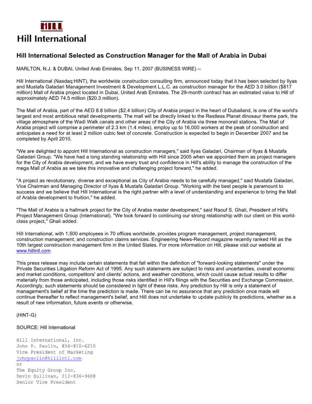 Hill International Selected As Construction Manager for the Mall of Arabia in Dubai