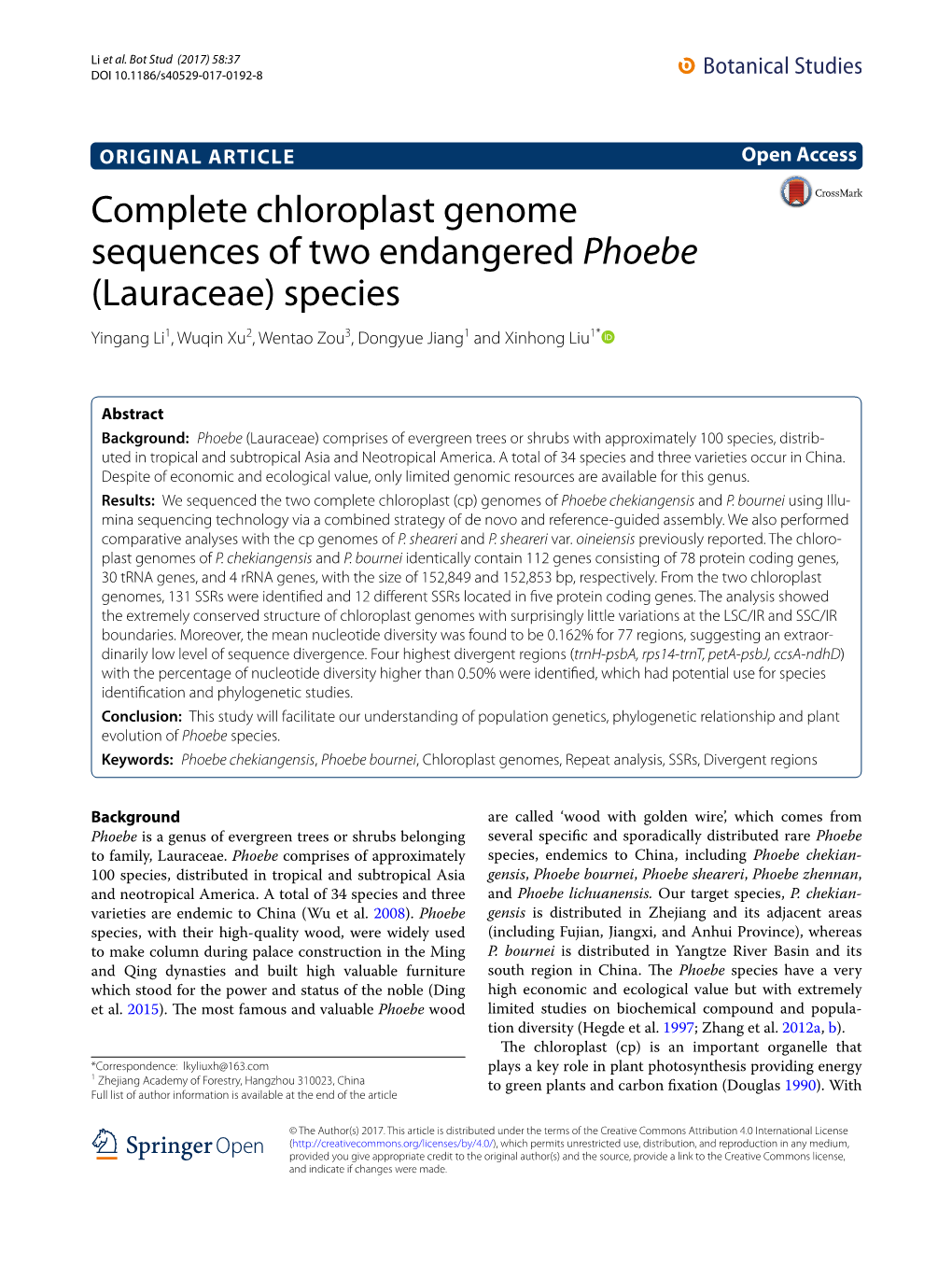 Complete Chloroplast Genome Sequences of Two Endangered Phoebe (Lauraceae) Species Yingang Li1, Wuqin Xu2, Wentao Zou3, Dongyue Jiang1 and Xinhong Liu1*