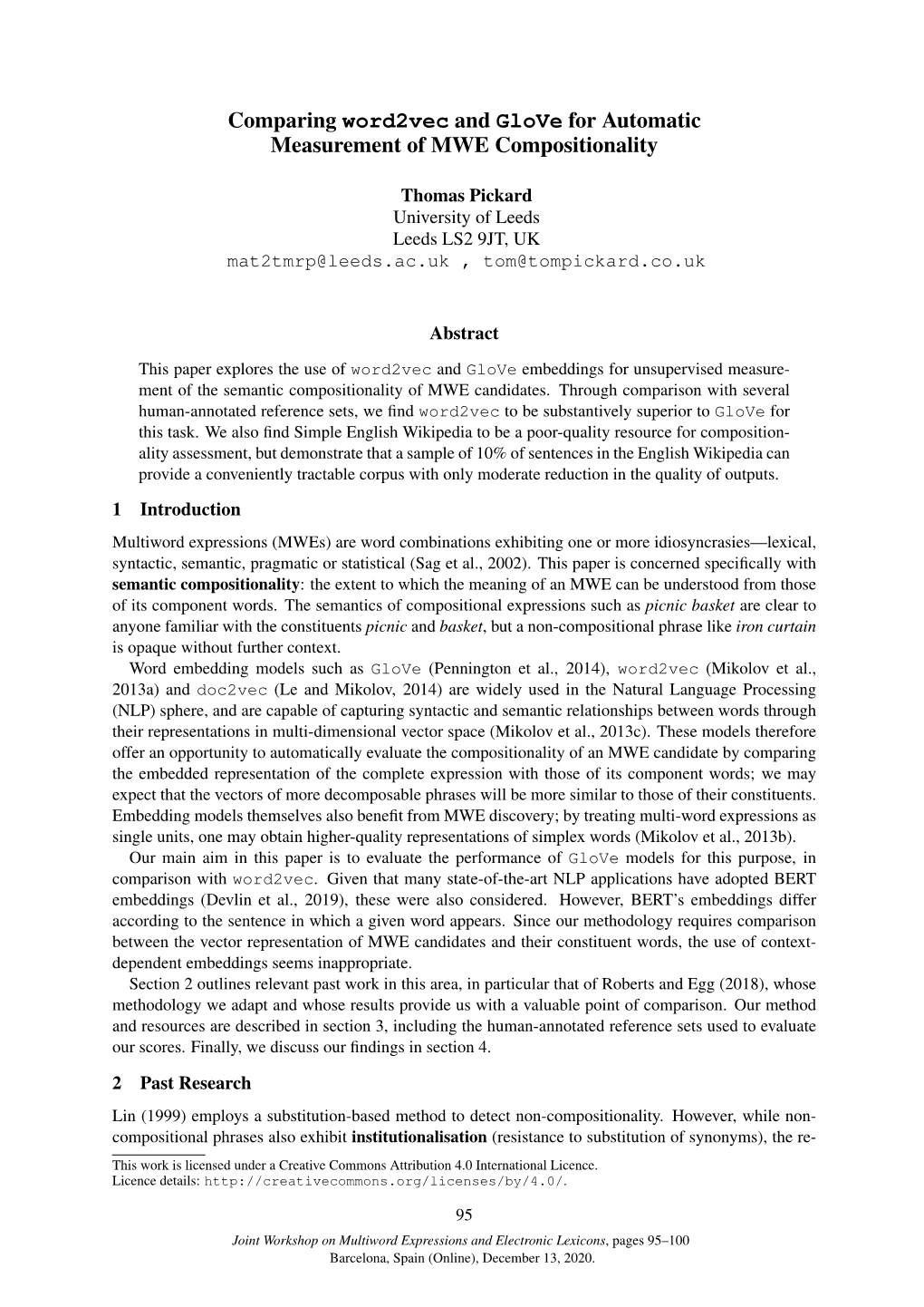 Comparing Word2vec and Glove for Automatic Measurement of MWE Compositionality