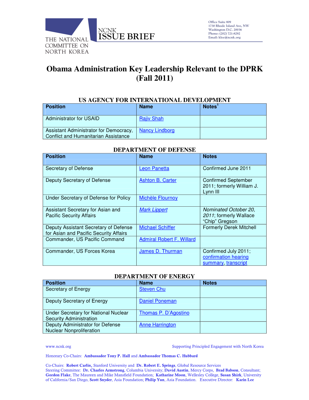 Obama Administration Key Leadership Relevant to the DPRK (Fall 2011)