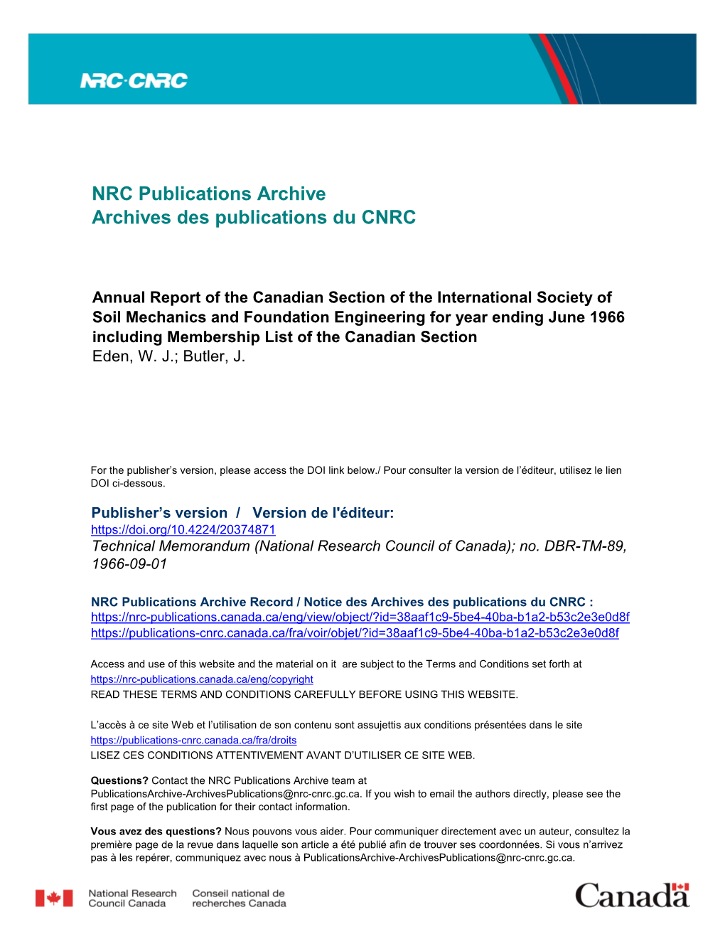 Annual Report of the Canadian Section of the International Society of Soil Mechanics and Foundation Engineering for Year Ending