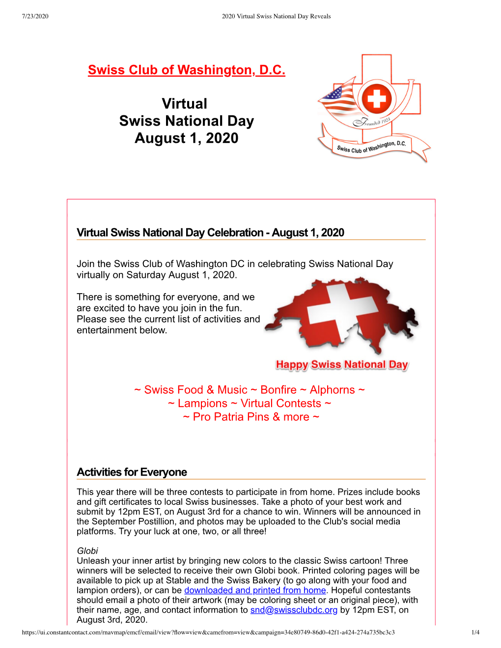 Virtual Swiss National Day August 1, 2020