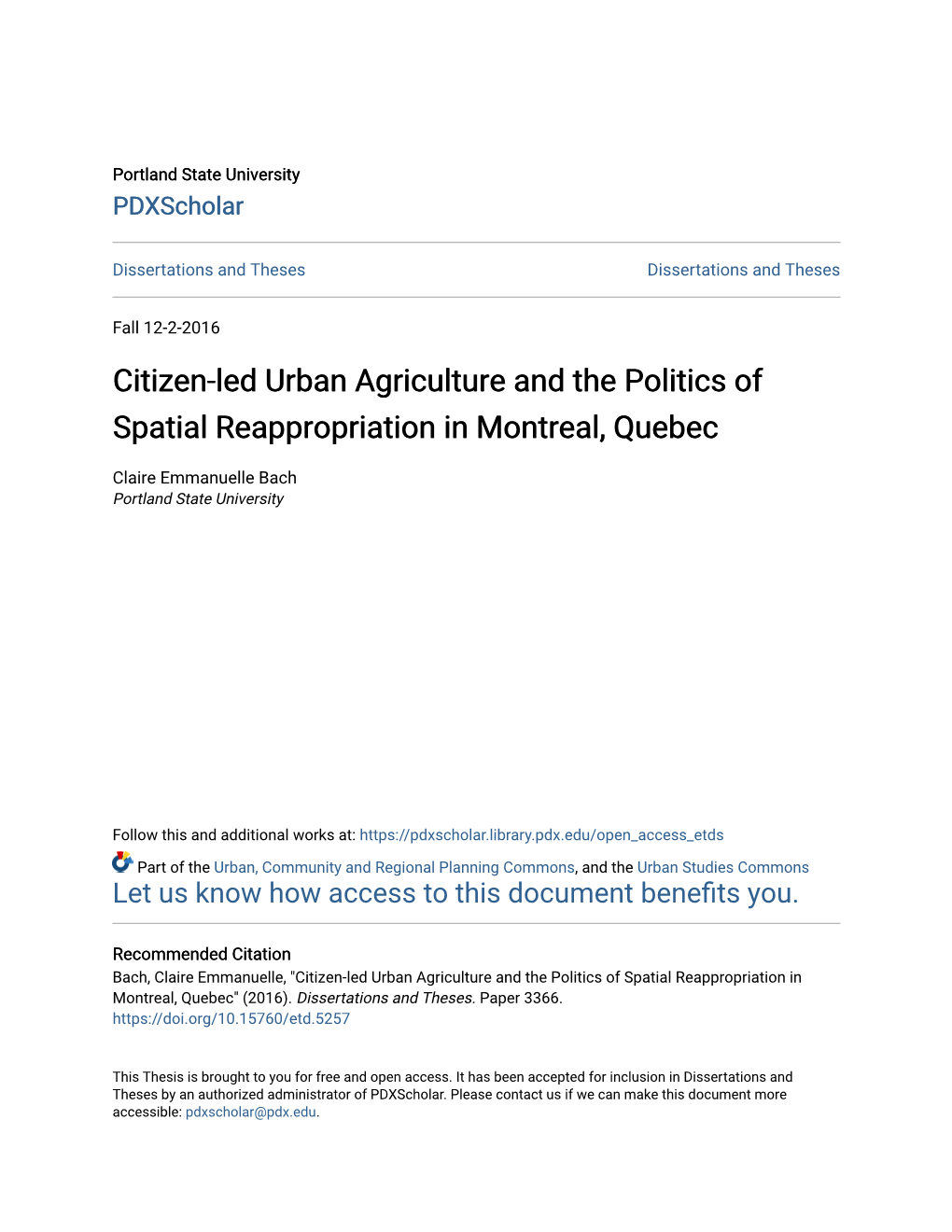 Citizen-Led Urban Agriculture and the Politics of Spatial Reappropriation in Montreal, Quebec