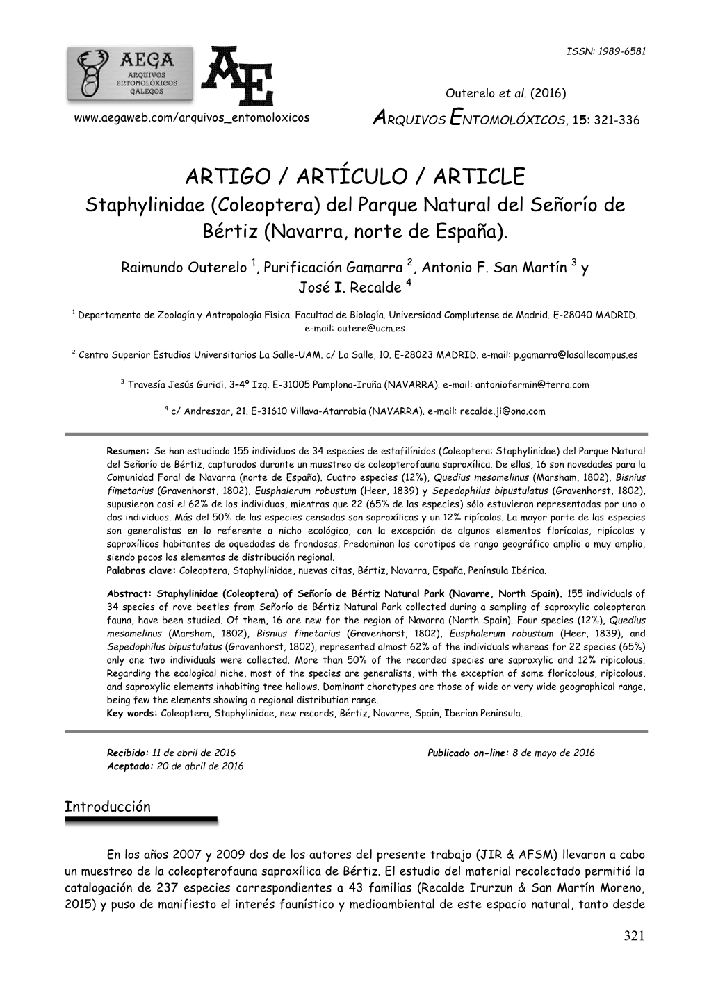 Arquivos Entomolóxicos, 15: 321-336