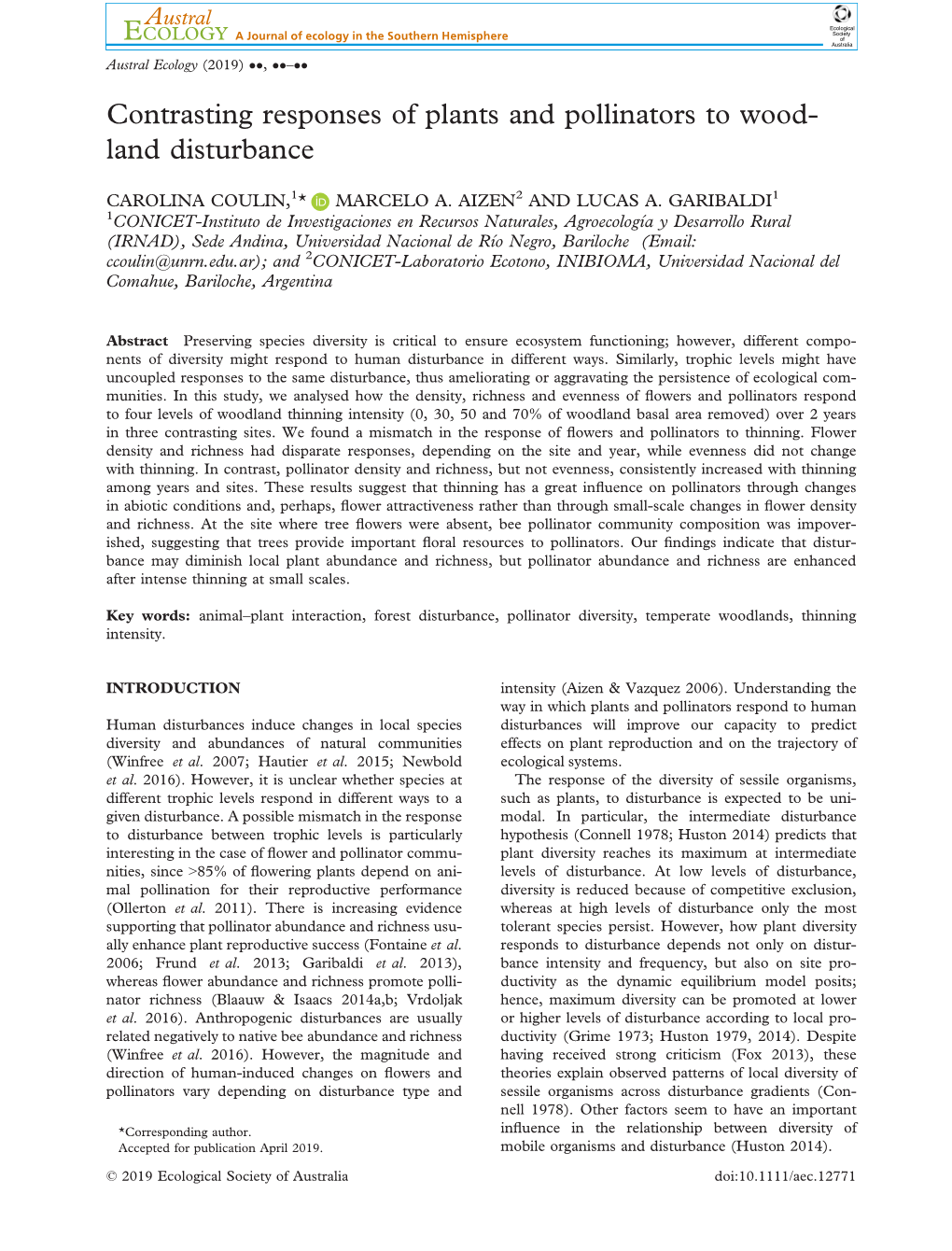 Contrasting Responses of Plants and Pollinators to Woodland Disturbance