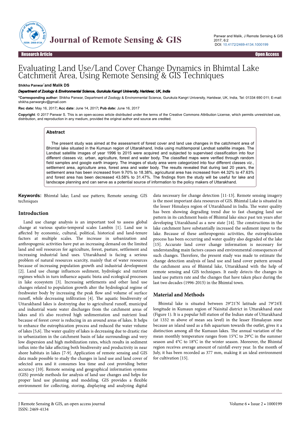 Evaluating Land Use/Land Cover Change Dynamics in Bhimtal Lake Catchment Area, Using Remote Sensing & GIS Techniques