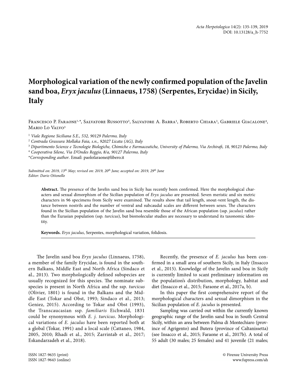 Morphological Variation of the Newly Confirmed Population of the Javelin Sand Boa, Eryx Jaculus (Linnaeus, 1758) (Serpentes, Erycidae) in Sicily, Italy