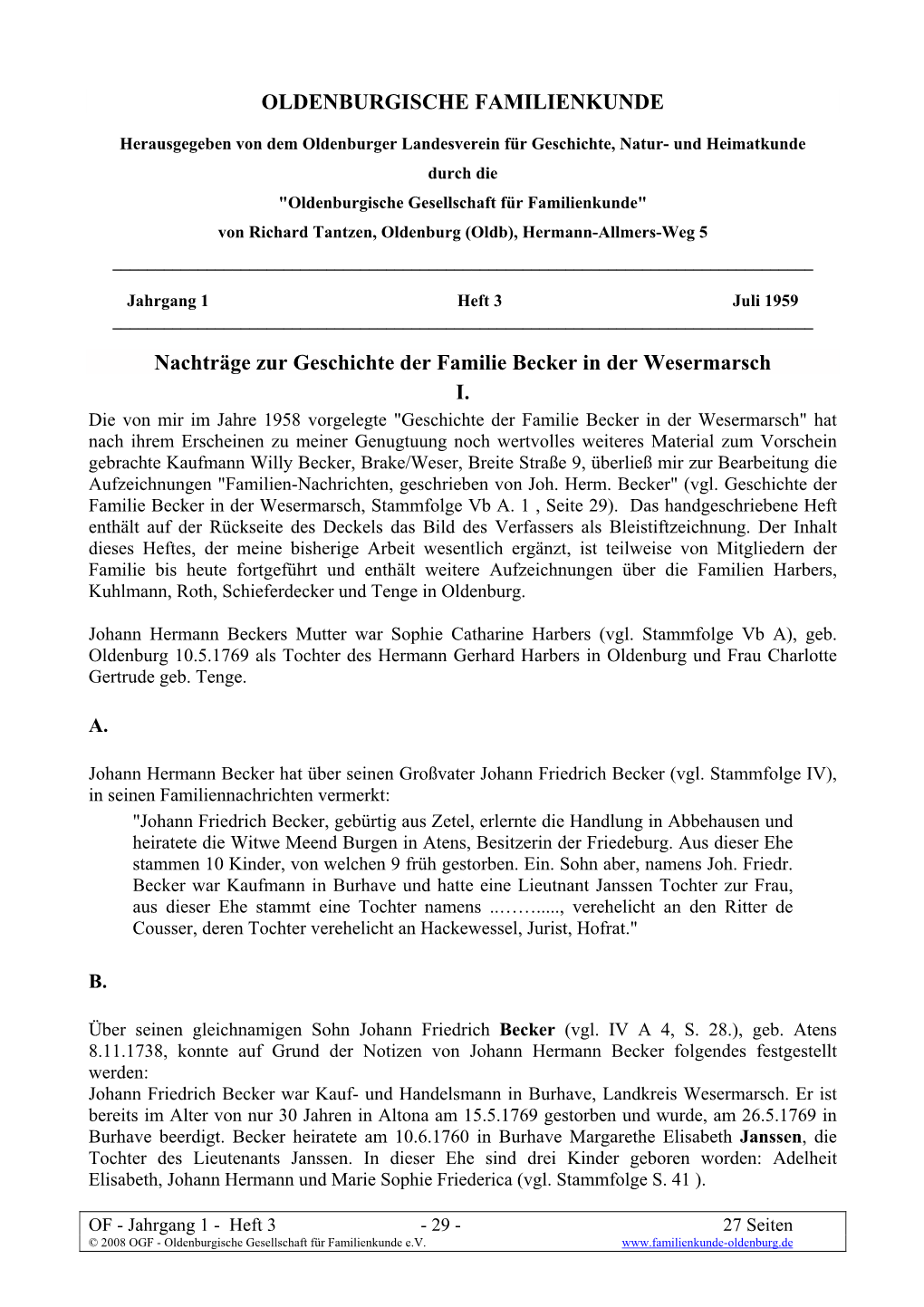 Nachträge Zur Geschichte Der Familie Becker in Der Wesermarsch I