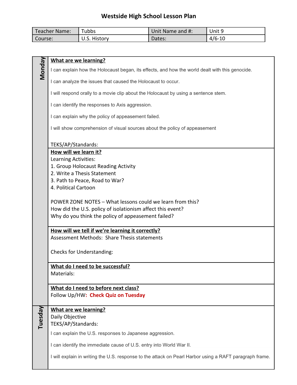 Westside High School Lesson Plan s9