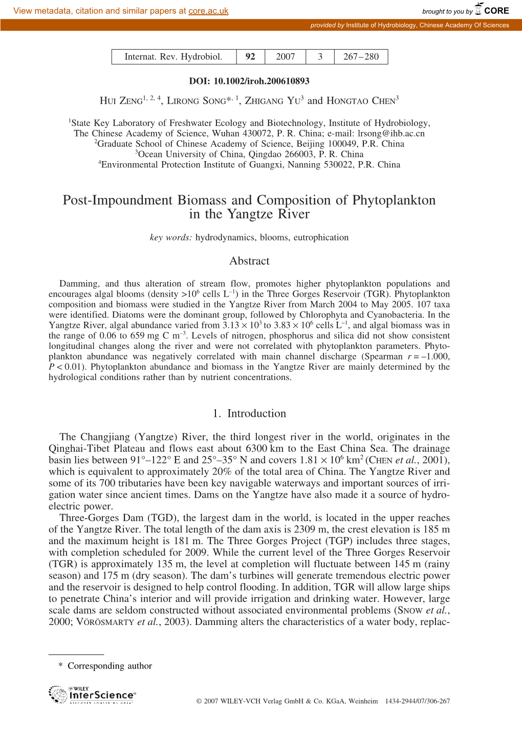 Post-Impoundment Biomass and Composition of Phytoplankton in the Yangtze River