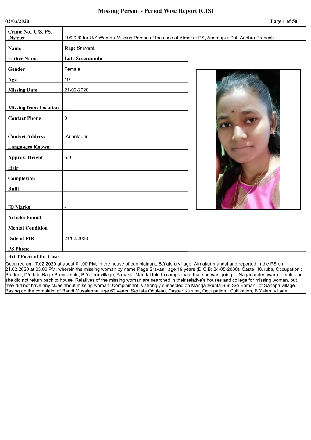 Missing Person - Period Wise Report (CIS) 02/03/2020 Page 1 of 50