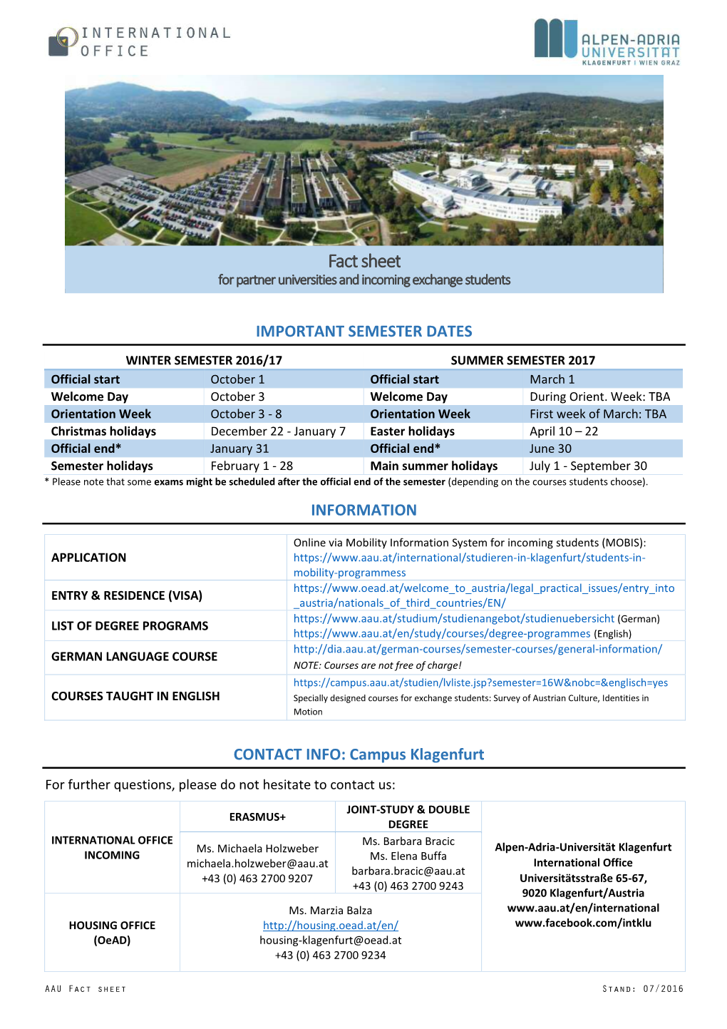 Fact Sheet for Partner Universities and Incoming Exchange Students