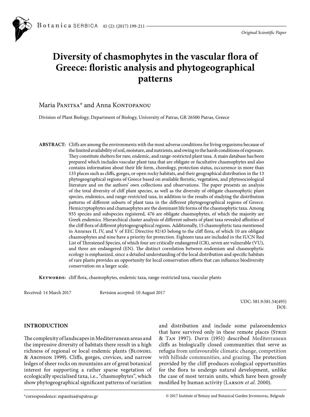 Diversity of Chasmophytes in the Vascular Flora of Greece: Floristic Analysis and Phytogeographical Patterns