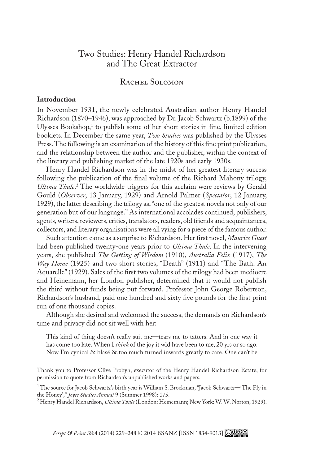 Two Studies: Henry Handel Richardson and the Great Extractor