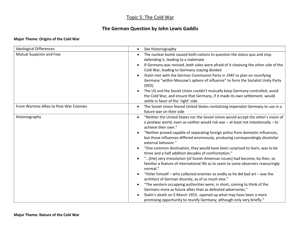 Topic 5: the Cold War the German Question by John Lewis Gaddis