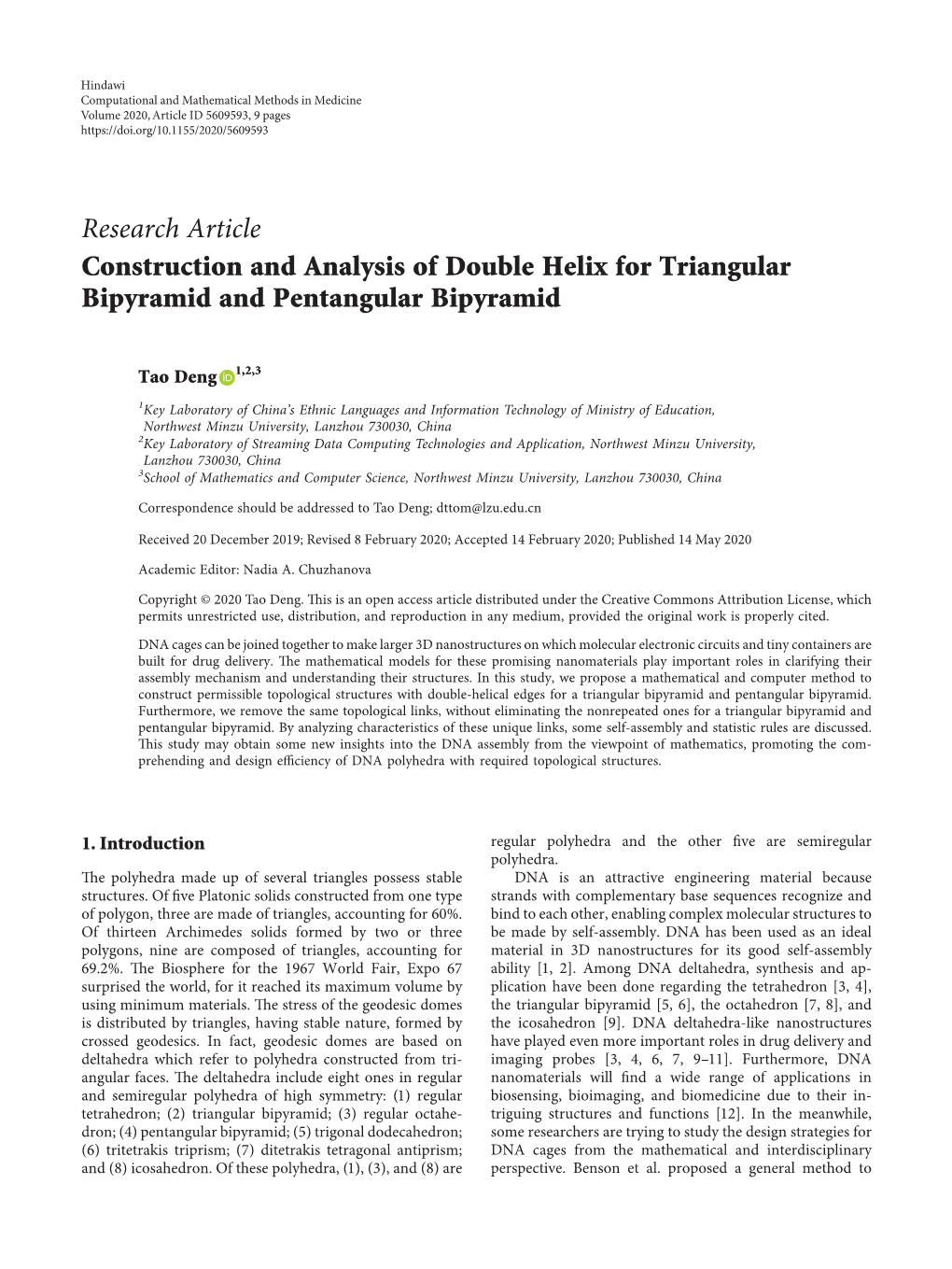 Research Article Construction and Analysis of Double Helix for Triangular Bipyramid and Pentangular Bipyramid