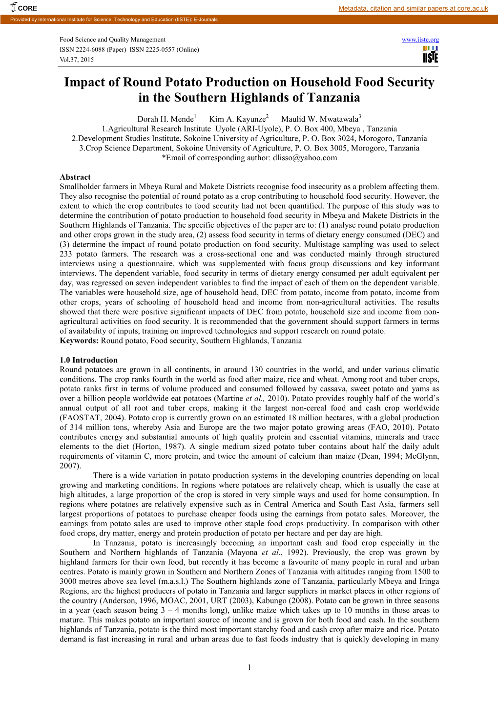 Impact of Round Potato Production on Household Food Security in the Southern Highlands of Tanzania