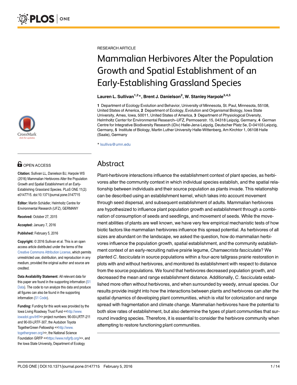 Mammalian Herbivores Alter the Population Growth and Spatial Establishment of an Early-Establishing Grassland Species