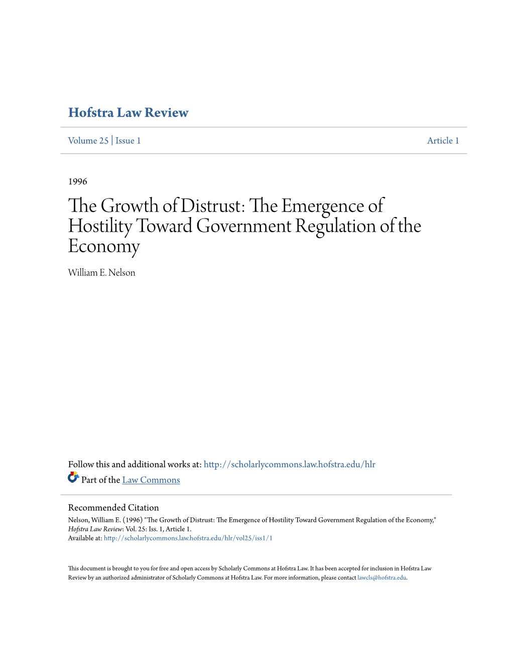 The Emergence of Hostility Toward Government Regulation of the Economy