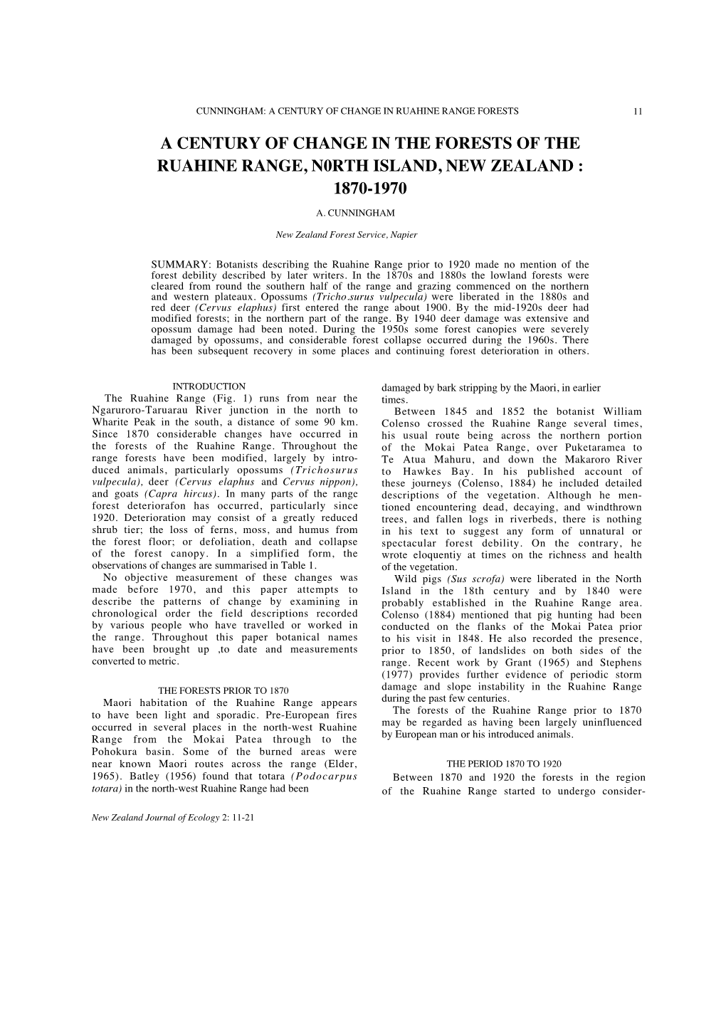 A Century of Change in the Forests of the Ruahine Range, N0rth Island, New Zealand : 1870-1970