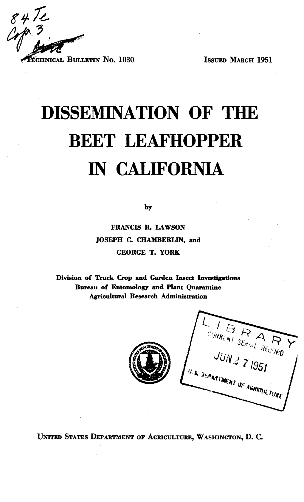 Dissemination of the Beet Leafhopper in California