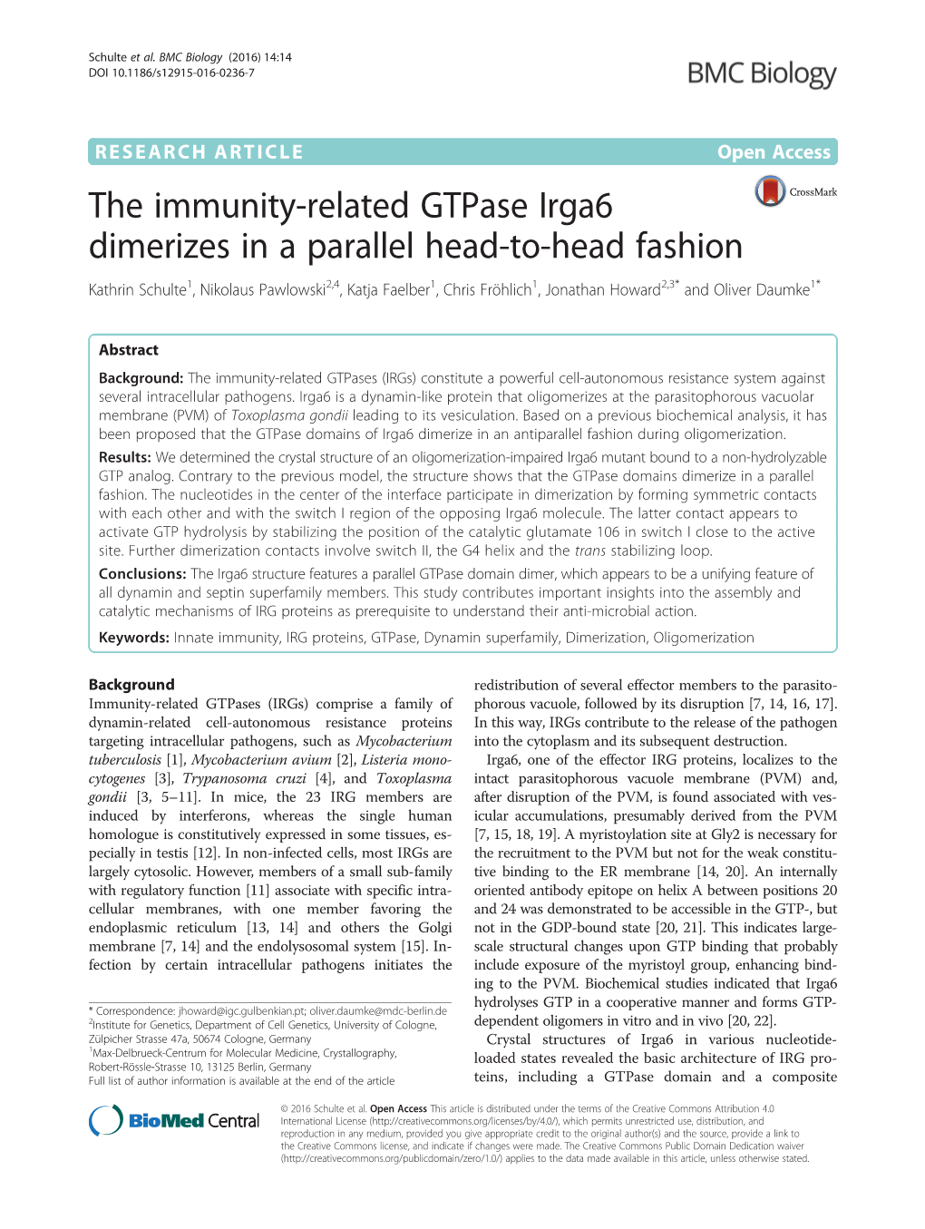 The Immunity-Related Gtpase Irga6 Dimerizes in a Parallel Head-To