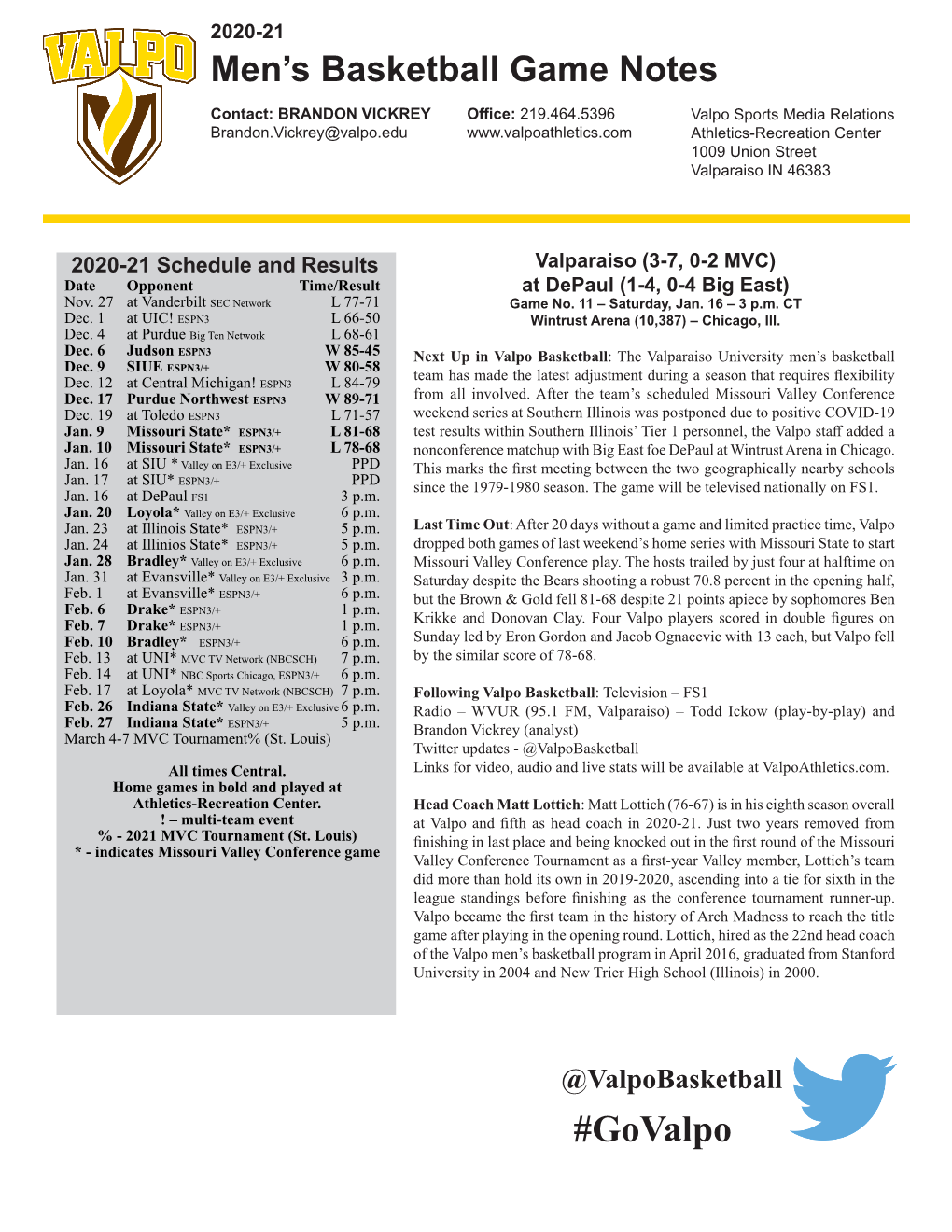 Men's Basketball Game Notes