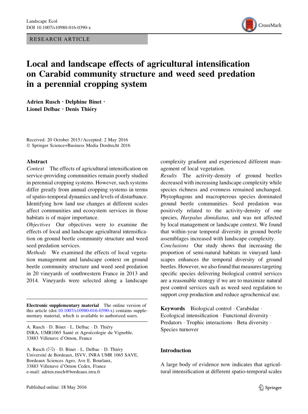 Local and Landscape Effects of Agricultural Intensification On