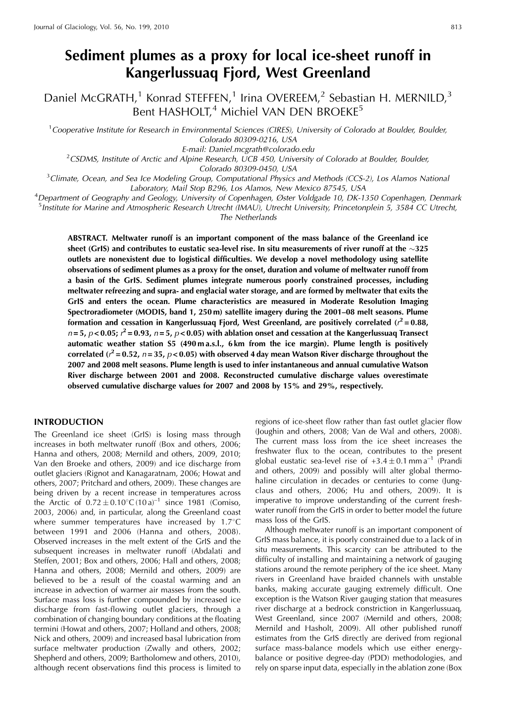 Sediment Plumes As a Proxy for Local Ice-Sheet Runoff in Kangerlussuaq Fjord, West Greenland